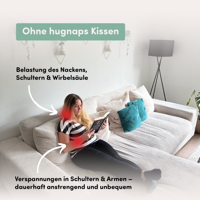 hugnaps Lesekissen und Komfortkissen Belastung beim Lesen ohne Kissen